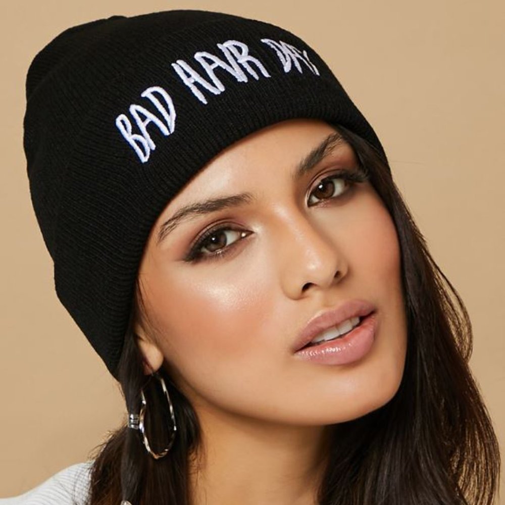 NEW " BAD HAIR DA Y" LOGO KNIT BEANIE HAT EMBROIDERED SKULL CAP HEAD ACCESSORY